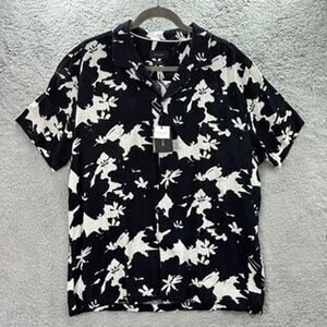 Porter & Ash NWT Mens XL Linen Blend Short Sleeve Button Shirt Black White Print